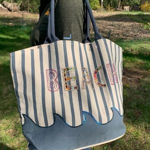 - “BEACH” EMBELLISHED STRIPED CANVAS TOTE